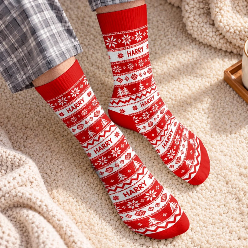 Custom Name Festive Pattern Family Christmas Gifts - Personalized Middle Tube Socks