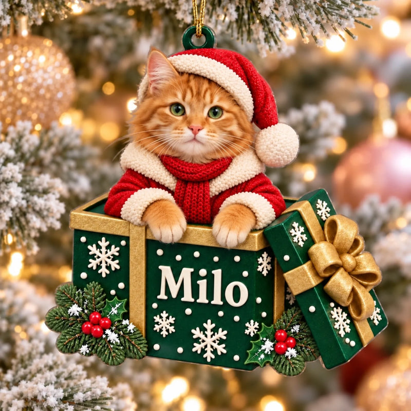 Custom Name Peeking Pet Gift Box Christmas Decor - Personalized Acrylic Ornament