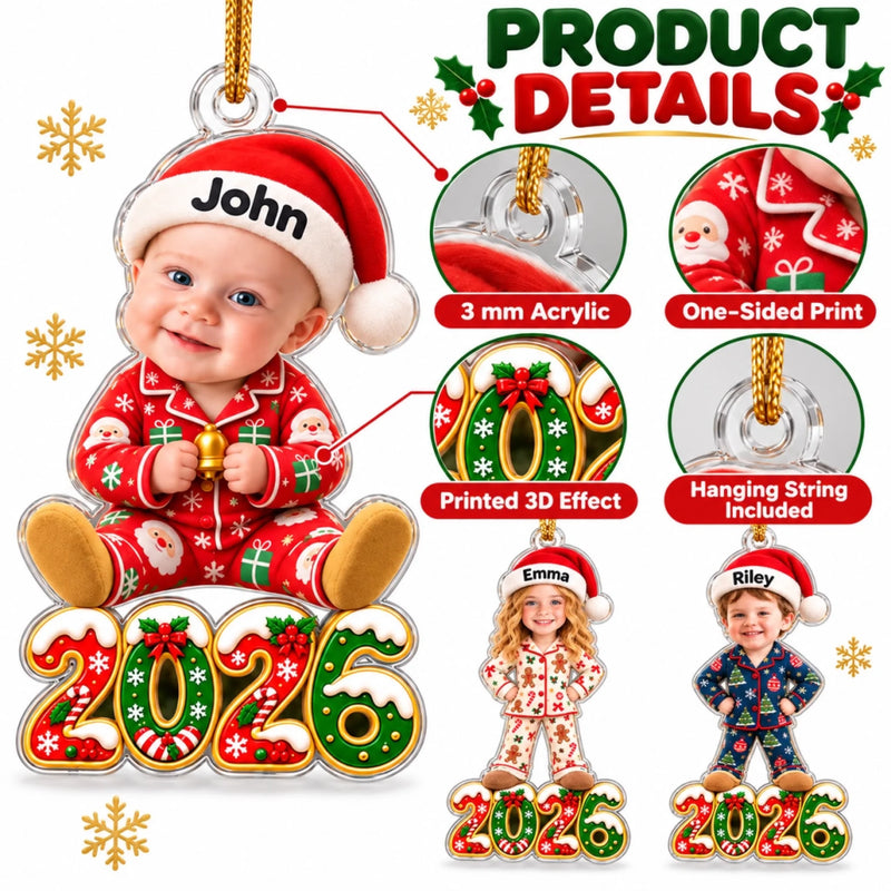 Custom Photo Santa Hat Holiday Pajama Kids Christmas Gifts - Personalized Acrylic Ornament