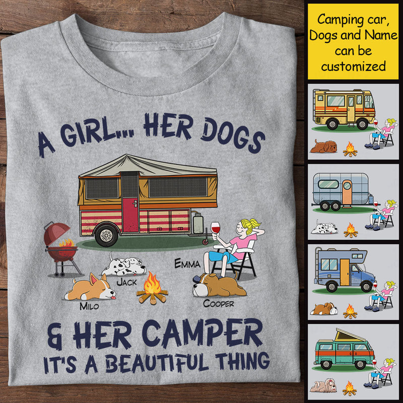 A Girl & Her Dogs & Her Camper, It's A Beautiful Thing - Personalized Unisex T-Shirt