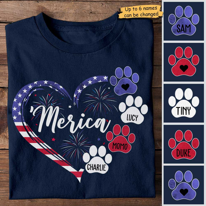 Dog Paw Prints Heart Firework - Gifts For 4th Of July - Personalized Unisex T-Shirt