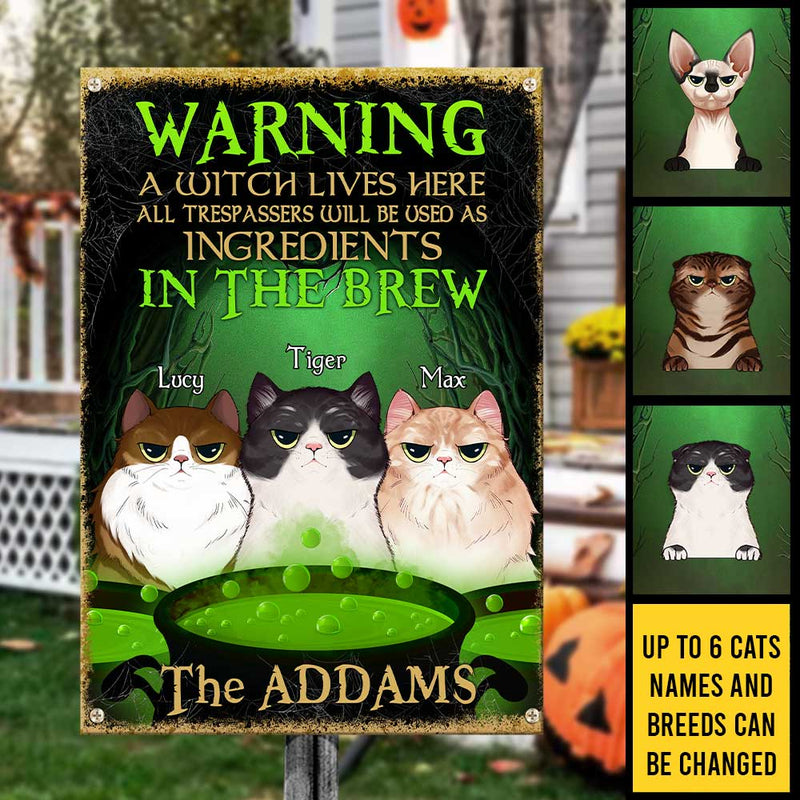 Halloween For Cats - A Witch Lives Here - All Trespassers Will Be Used As Ingredients - Personalized Metal Sign, Halloween Ideas