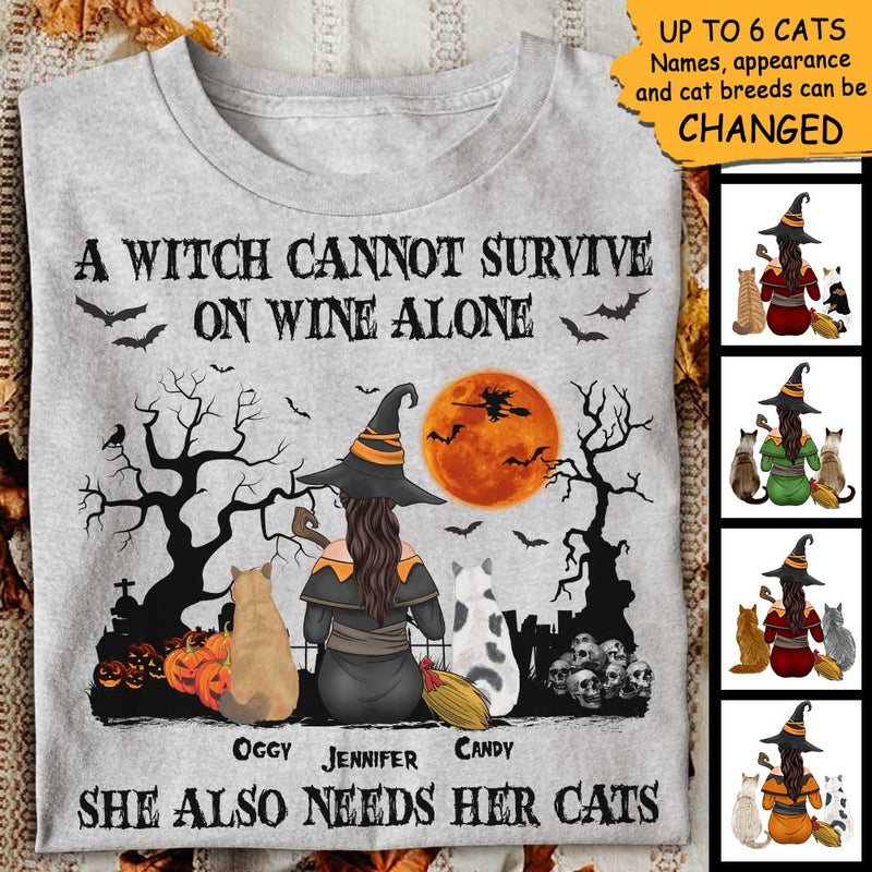 A Witch Cannot Survive On Wine Alone, She Also Needs A Cat  - Personalized Unisex T-Shirt, Halloween Ideas.