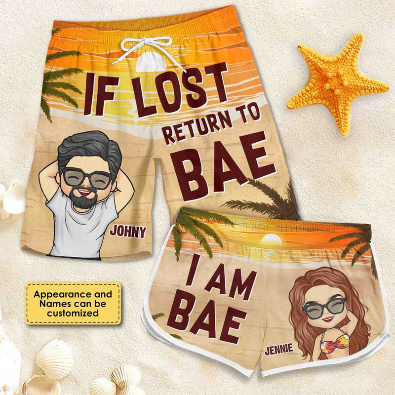 If Lost Return To Bae - Funny Personalized Custom Tropical Hawaiian Aloha Couple Beach Shorts - Summer Vacation Gift, Birthday Party Gift For Husband Wife