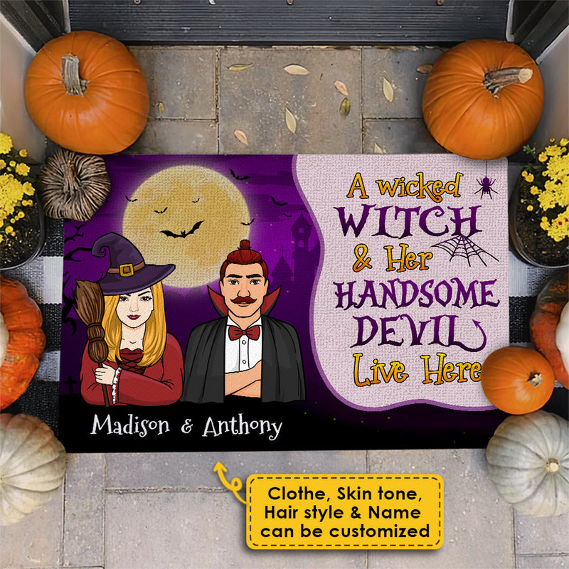 A Wicked Witch And Her Handsome Devil Live Here - Gift For Couples, Personalized Decorative Mat, Halloween Ideas.