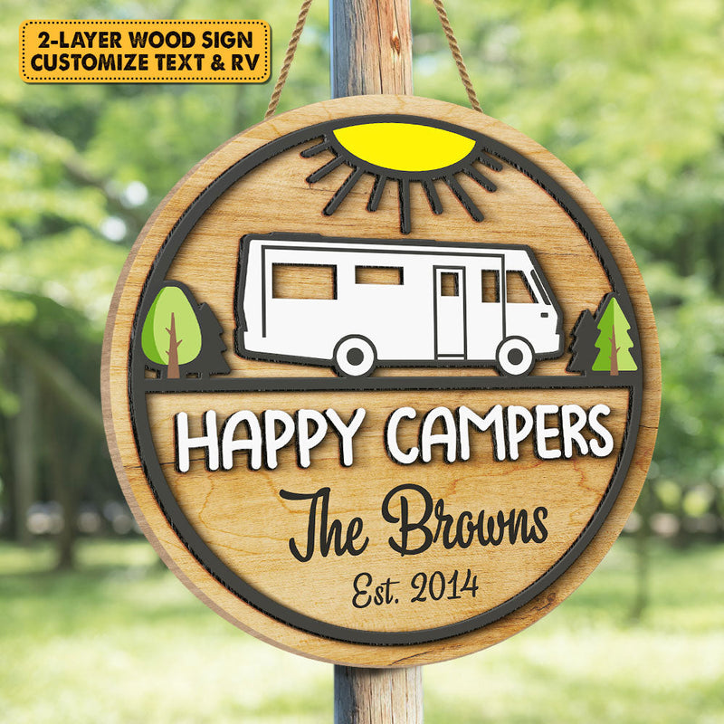 Family Happy Campers - Personalized Shaped Wood Sign, 2 Layers Sign - Gift For Camping Lovers