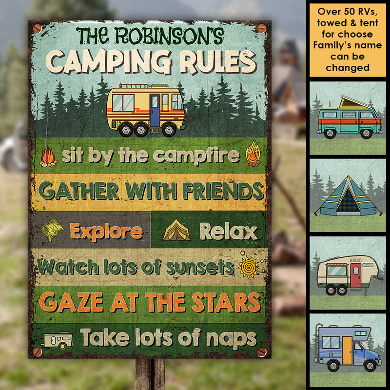 Camping Rules - Sit By The Campfire - Personalized Metal Sign