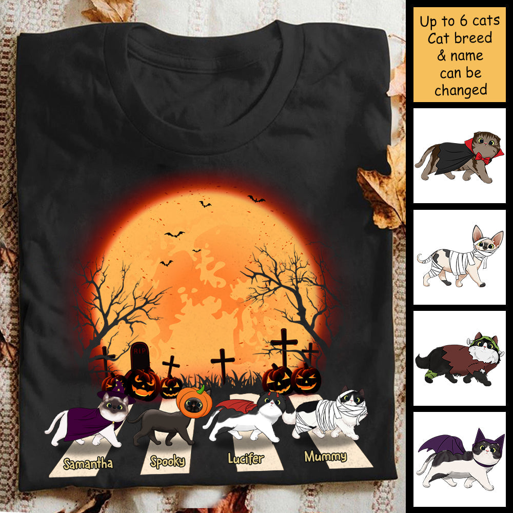 Halloween For Cats - Cat Walking Crosswalk In The Moonlight  - Personalized Unisex T-Shirt, Halloween Ideas.