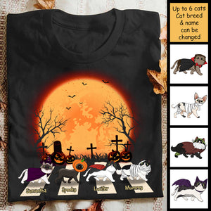 Halloween For Cats - Cat Walking Crosswalk In The Moonlight  - Personalized Unisex T-Shirt, Halloween Ideas.