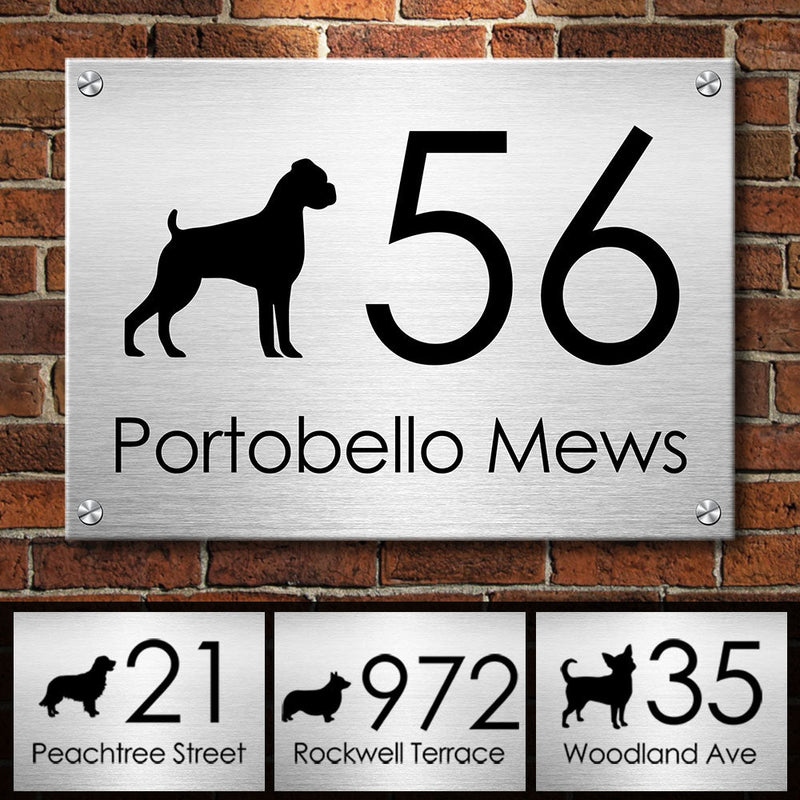 Black Dog Silhouette Modern House Number - Personalized Metal Sign