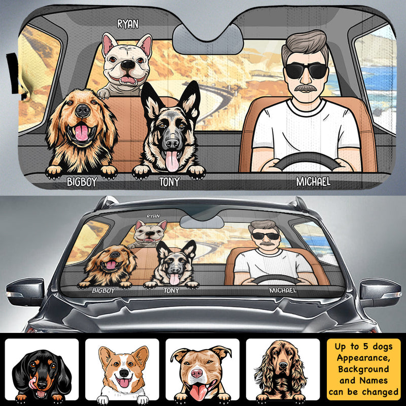 Road Trip With Dogs - Personalized Auto Sunshade - Gift For Pet Lovers