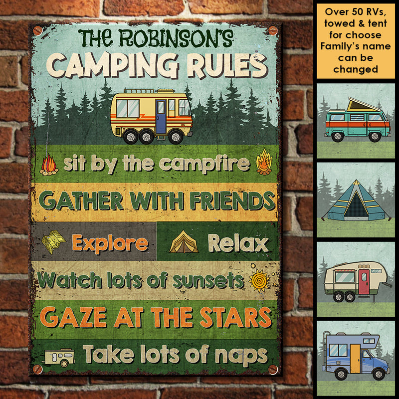 Camping Rules - Sit By The Campfire - Personalized Metal Sign
