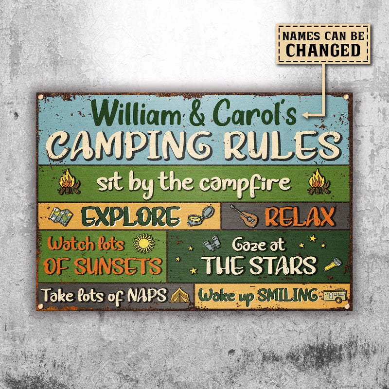 Sit By The Campfire Explore & Relax - Camping Rules - Personalized Metal Sign