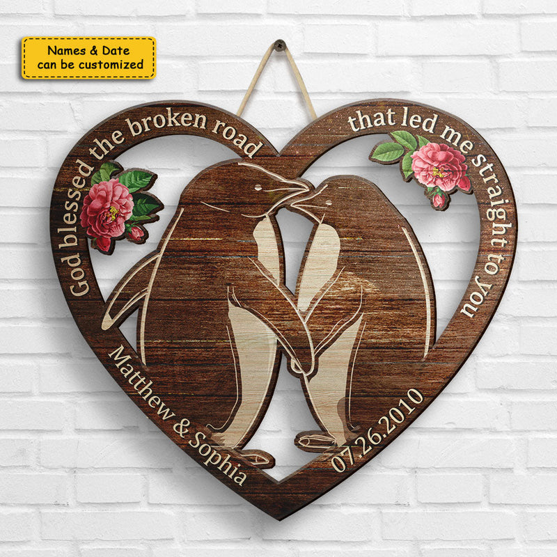 Penguin Couple Our First Kiss - Personalized Shaped Wood Sign - Gift For Couples, Husband Wife