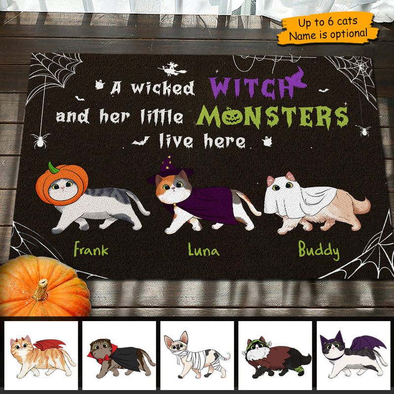Halloween For Cats - A Wicked Witch And Her Little Monsters Live Here - Personalized Decorative Mat, Halloween Ideas
