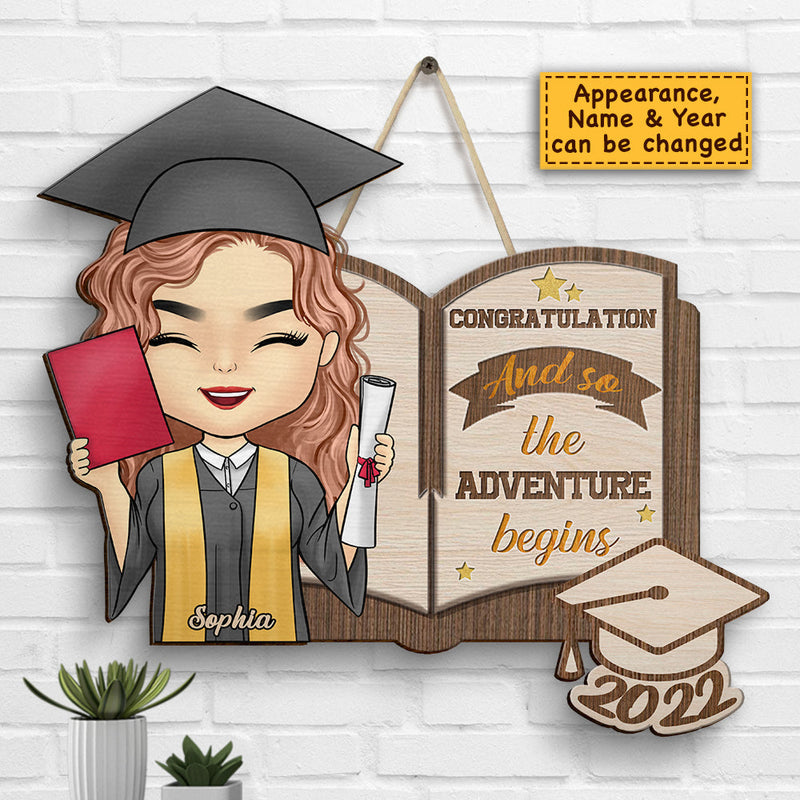 So The Adventure Begins - Personalized Shaped Wood Sign - Graduation Gift