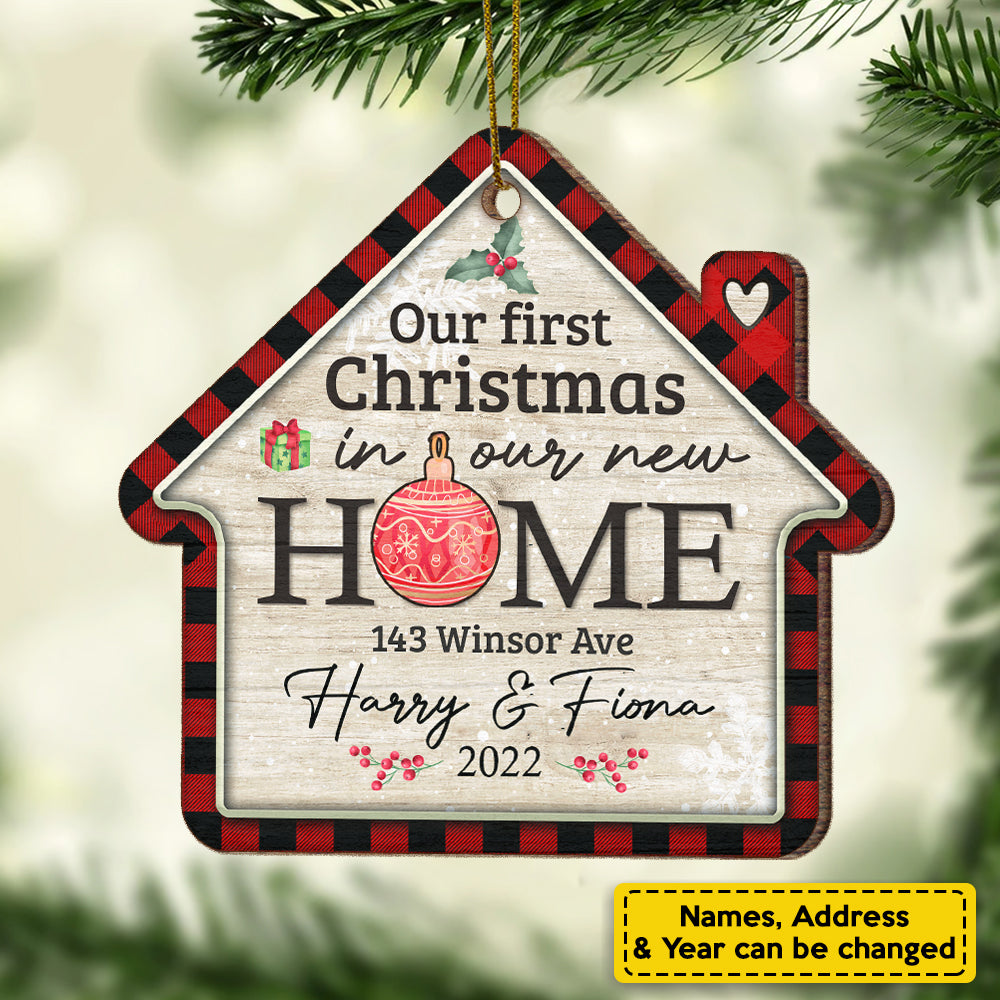Our First Christmas In Our New Home - Gift For Couples, Husband Wife, Personalized Custom House Shaped Wood Christmas Ornament