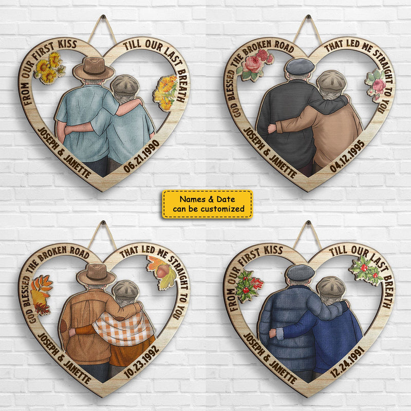 Our First Kiss Heart Shape Season - Personalized Shaped Wood Sign - Gift For Couples, Husband Wife