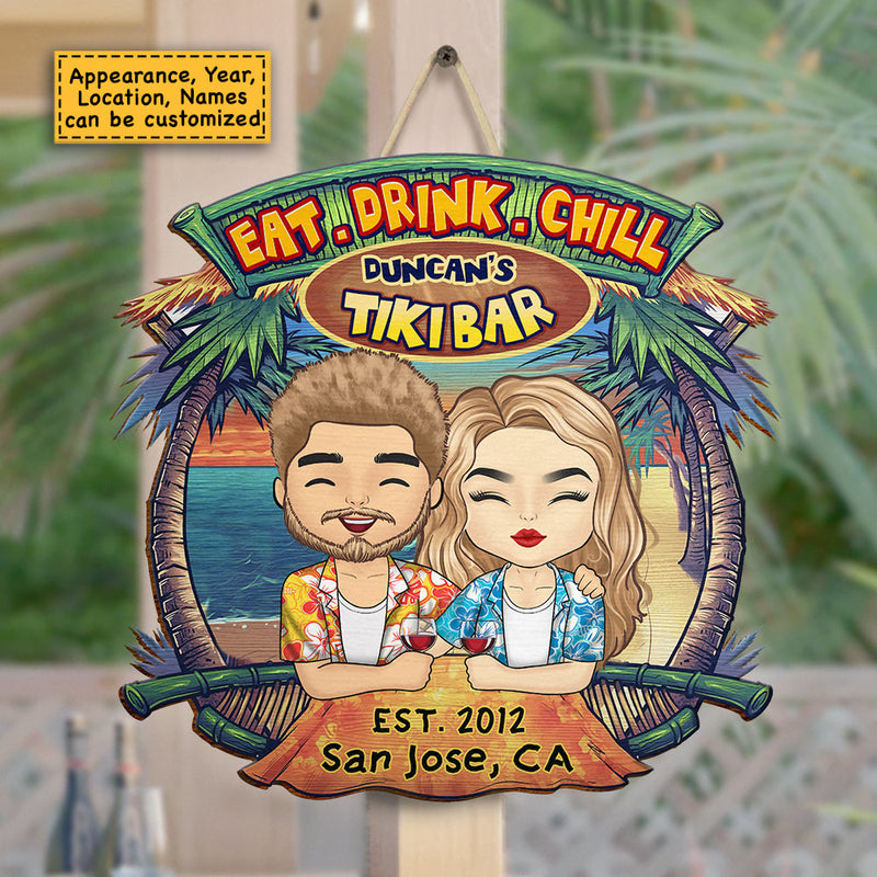 Eat Drink Chill - Personalized Shaped Wood Sign - Gift For Couples, Husband Wife