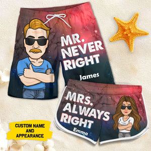 Mr. Never Right Mrs. Always Right - Personalized Couple Beach Shorts - Gift For Couples, Husband Wife