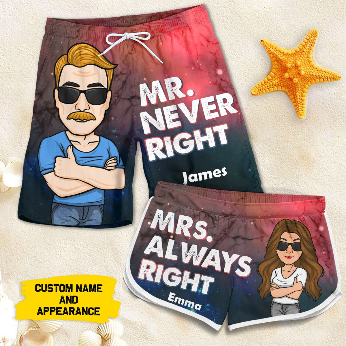 Mr. Never Right Mrs. Always Right - Personalized Couple Beach Shorts - Gift For Couples, Husband Wife