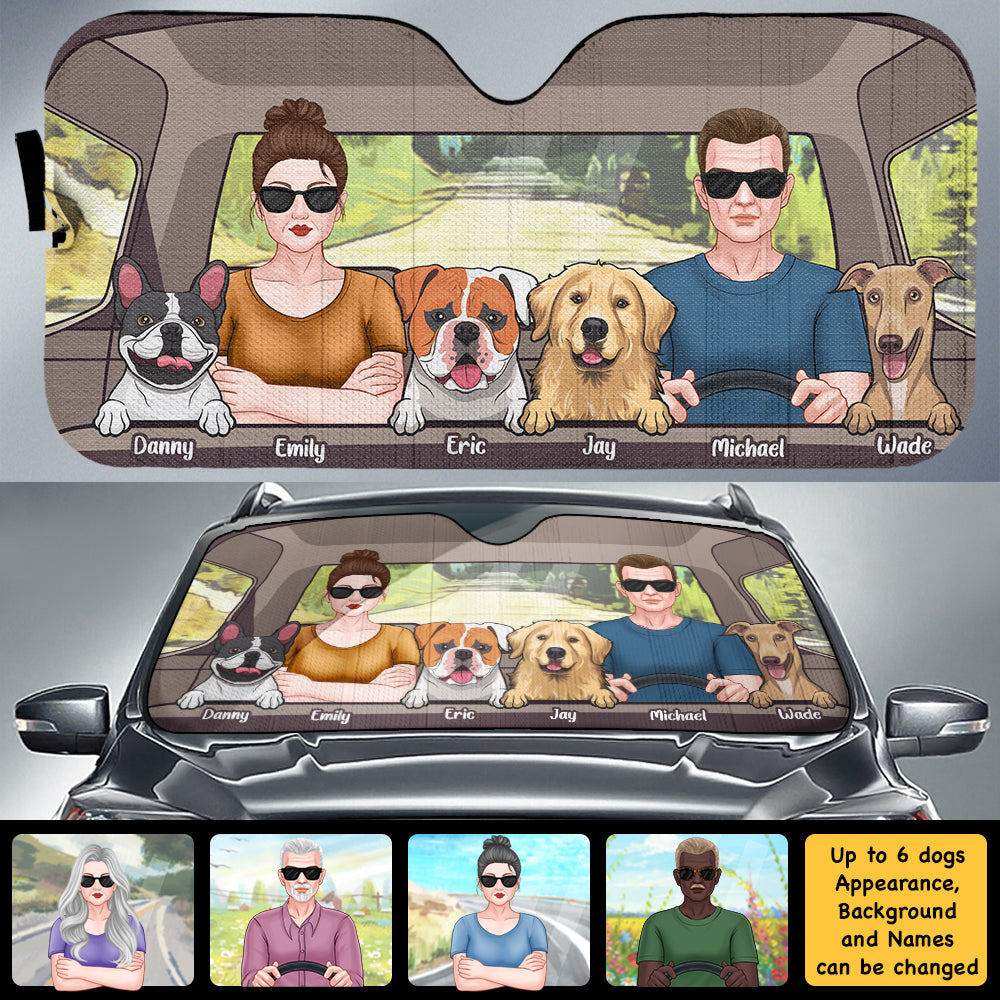 Couple Driving With Dogs - Personalized Auto Sunshade - Gift For Couples, Husband Wife