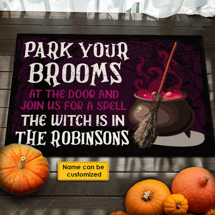 Park Your Brooms At The Door - Personalized Decorative Mat, Halloween Ideas.