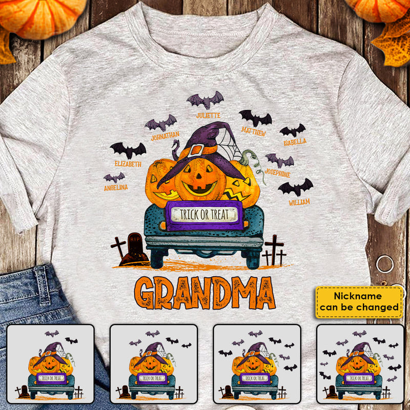 Trick Or Treat - Grandma With Little Bats - Personalized Unisex T-Shirt, Halloween Ideas.