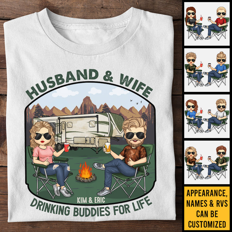 Husband & Wife Drinking Buddies For Life - Personalized Unisex T-shirt, Hoodie, Sweatshirt - Gift For Couple, Husband Wife, Anniversary, Engagement, Wedding, Marriage, Camping Gift