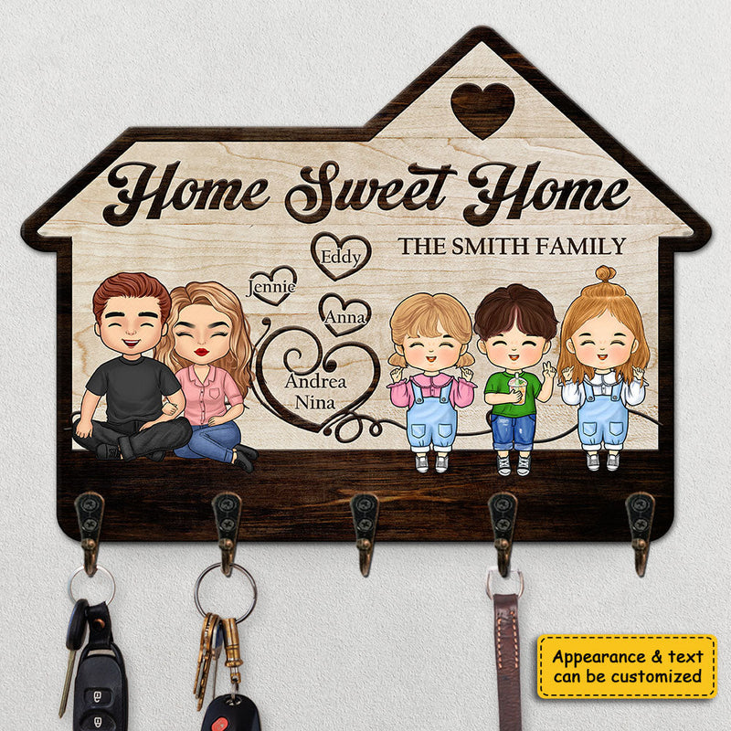 Home Sweet Home With Kids - Personalized Key Hanger, Key Holder - Gift For Couple, Husband Wife, Anniversary, Engagement, Wedding, Marriage Gift