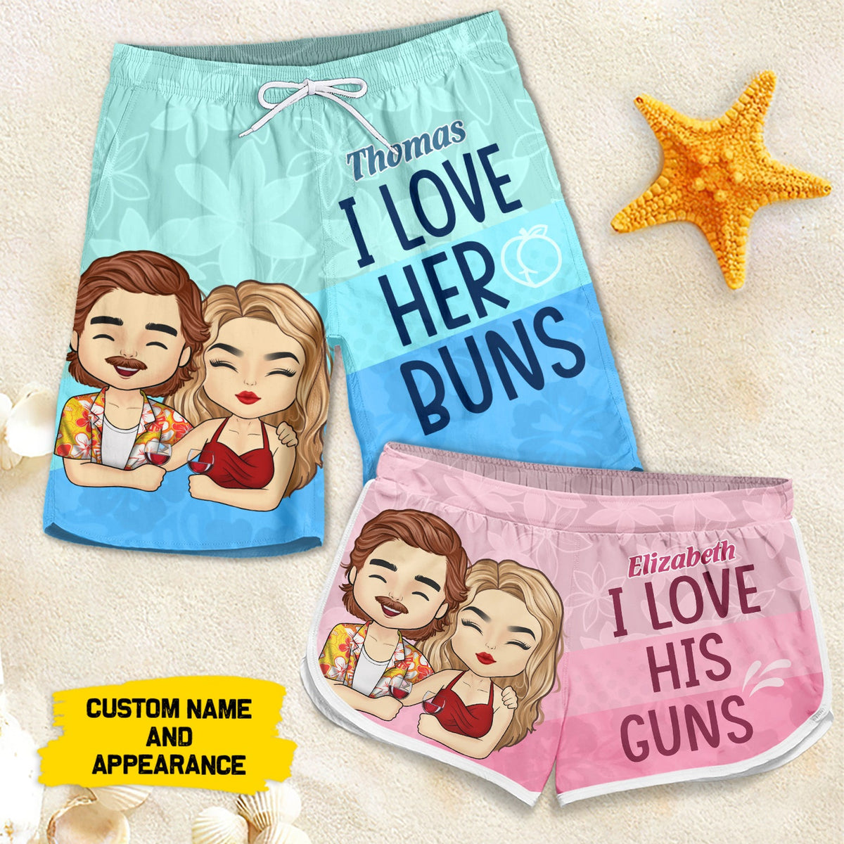 Love Her Buns Love His Guns - Personalized Couple Beach Shorts - Gift For Couples, Husband Wife