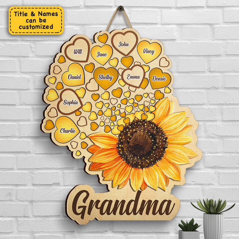 Grandma Kids Sunflower With Heart - Gift For Mom, Grandma - Personalized Shaped Wood Sign