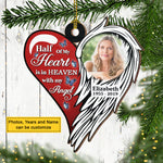 Half Of My Heart Is In Heaven With My Angel - Personalized Custom Heart Shaped Wood Christmas Ornament