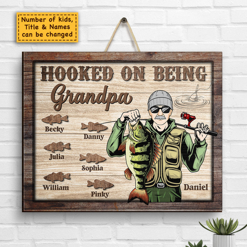 Hooked On Being Grandpa - Personalized Shaped Wood Sign - Gift For Grandpa, Grandparents