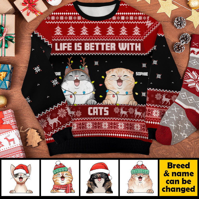 Life Is Better With Cats - Personalized Custom Unisex Ugly Christmas Sweatshirt, Wool Sweatshirt, All-Over-Print Sweatshirt - Gift For Cat Lovers, Pet Lovers, Christmas Gift