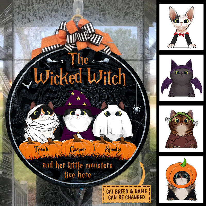 The Wicked Witch And Her Little Monsters Live Here Peeking Cats - Funny Personalized Cat Door Sign