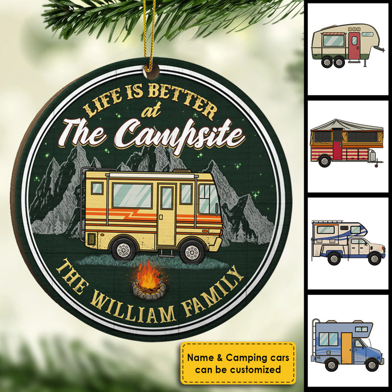 Life Is Better At The Campsite - Personalized Custom Round Shaped Wood Christmas Ornament