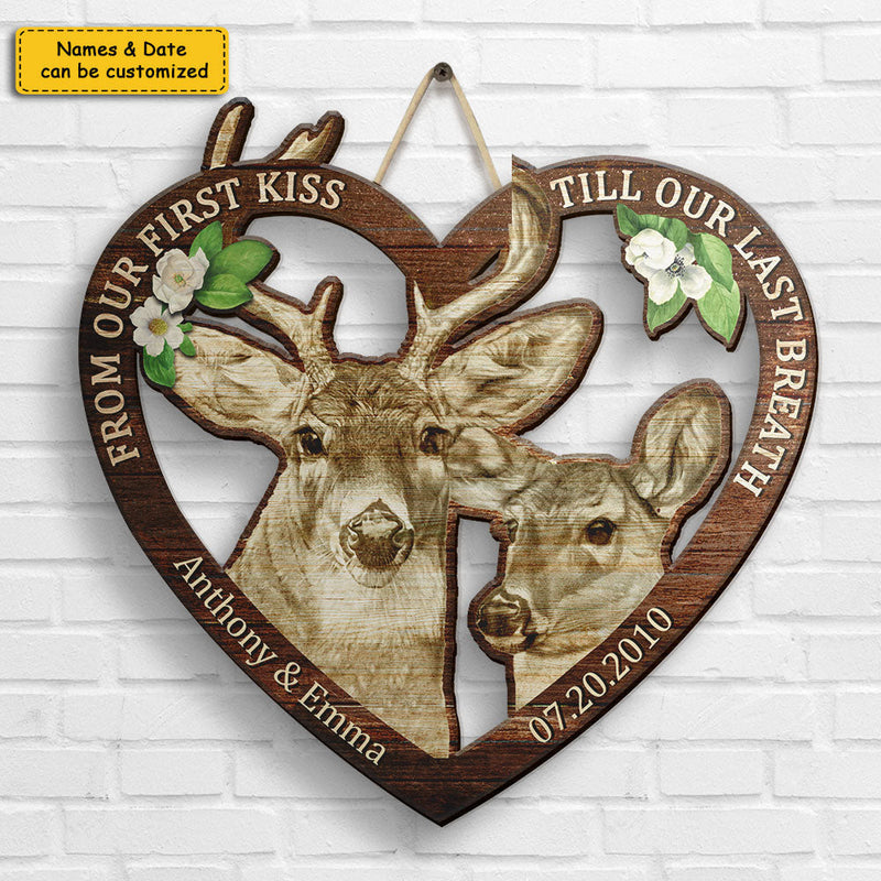 Buck & Doe Couple From Our First Kiss - Personalized Shaped Wood Sign - Gift For Couples, Husband Wife
