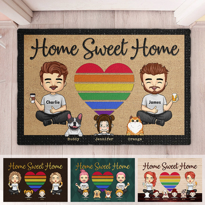 Our Home Sweet Home With Kids & Pets - Personalized Decorative Mat - Gift For Couples, Gift For Pet Lovers