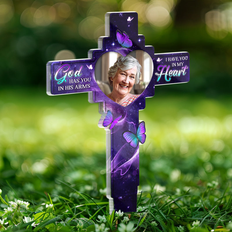 Custom Photo In Our Hearts Always - Memorial Personalized Custom Stain Glass Style Acrylic Garden Stake - Sympathy Gift For Family Members