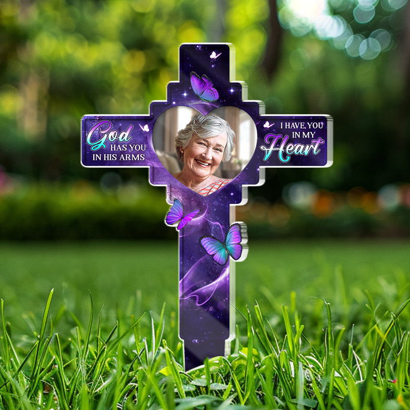 Custom Photo In Our Hearts Always - Memorial Personalized Custom Stain Glass Style Acrylic Garden Stake - Sympathy Gift For Family Members