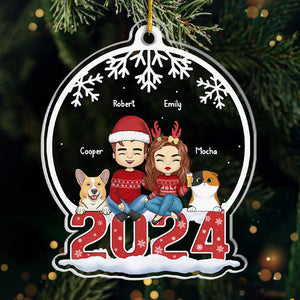 Couple & Pets Merry Christmas - Dog & Cat Personalized Custom Ornament - Acrylic Snow Globe Shaped - Christmas Gift For Pet Owners, Pet Lovers