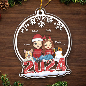 Couple & Pets Merry Christmas - Dog & Cat Personalized Custom Ornament - Acrylic Snow Globe Shaped - Christmas Gift For Pet Owners, Pet Lovers