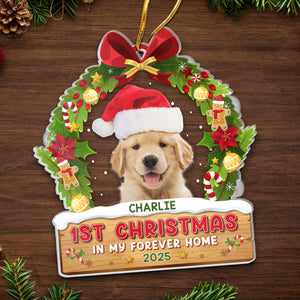 Photo personnalisée Premier Noël dans ma maison pour toujours - Ornement personnalisé pour chien et chat - Forme personnalisée en acrylique - Cadeau de Noël pour propriétaires d'animaux et amoureux des animaux