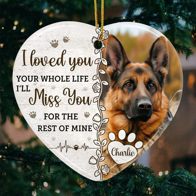 Custom Photo A Heartbeat At My Feet - Memorial Personalized Custom Ornament - Ceramic Heart Shaped - Christmas Gift, Sympathy Gift For Pet Owners, Pet Lovers