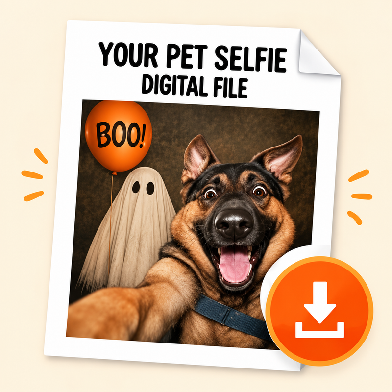 Get your pet's high-quality, print-ready selfie by email. Save, share & print!
