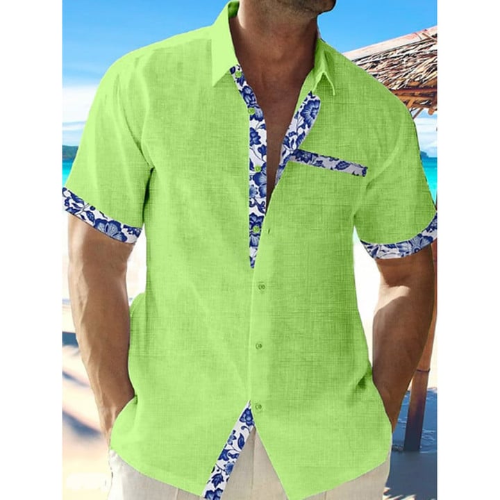 Aloha, Tropical Breeze - Floral-Print Contrast-Panel Casual Shirt