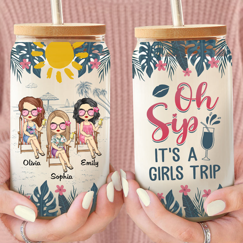 It's A Girls Trip - Bestie Personalized Custom Glass Cup, Iced Coffee Cup - Gift For Best Friends, BFF, Sisters