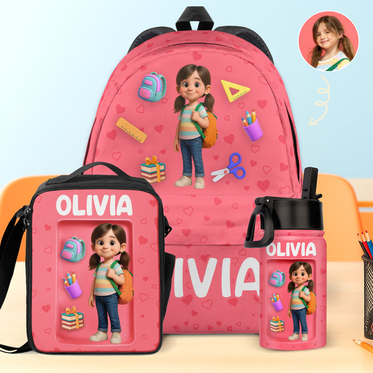 Sac à dos, gourde et sac à lunch personnalisés pour enfants avec photo – Cadeaux de rentrée scolaire personnalisés pour enfants – Hydratez-vous pour apprendre et jouer