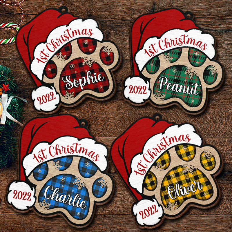 Dog Paw - Merry And Happy - Personalized Paw Shaped Wood Christmas Ornament